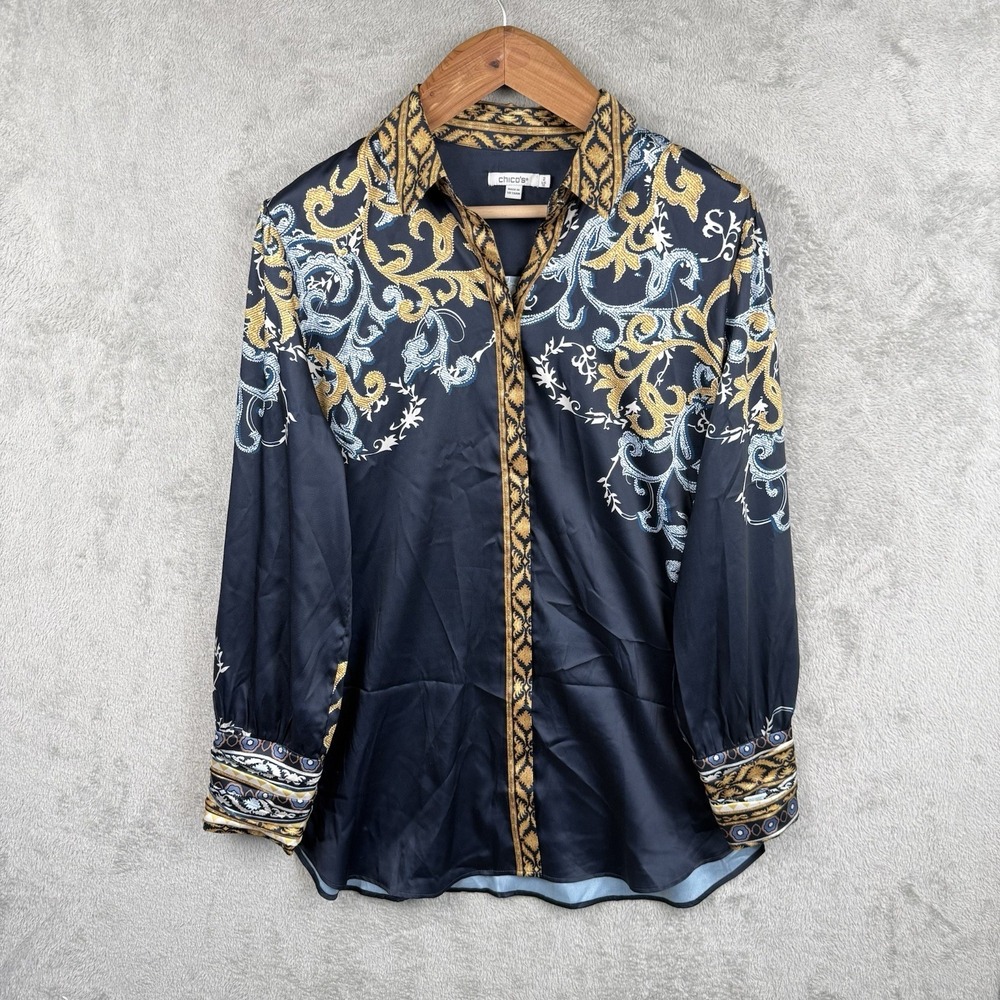 Chico's Button Front Blouse Womens Size 2 US 12‎ Navy Blue Baroque Scroll Print
